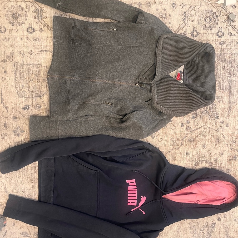 Puma Navy Hoodie with Pink Logo + Gray Puma Zip Jacket